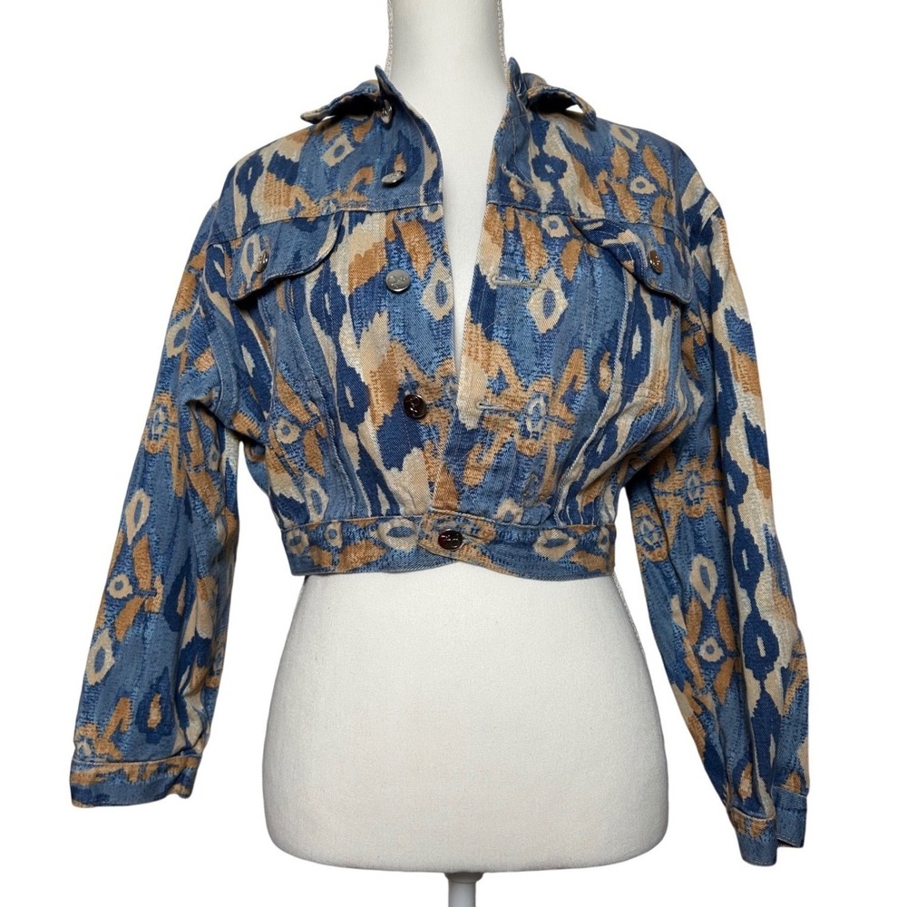Vintage Aztec Print Cropped Denim Jacket Women Small Western Festival Boho